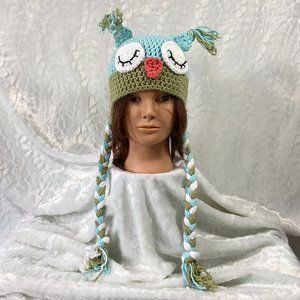 Handmade Owl Earflap Crocheted Hat with Braids Big sleepy Hoot eyes